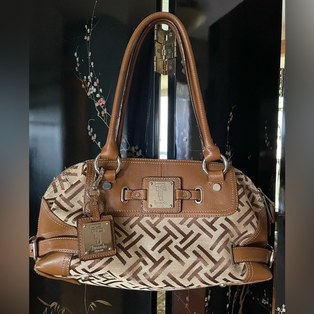 Tignanello Monogram Print Canvas/Leather Shoulder Bag Purse w/attached keychain.